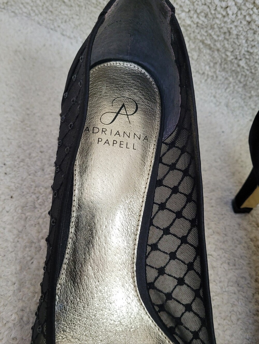 Adrianna Papell Black Mesh Peep-Toe Heels with Gold Insole - Picture 3 of 6